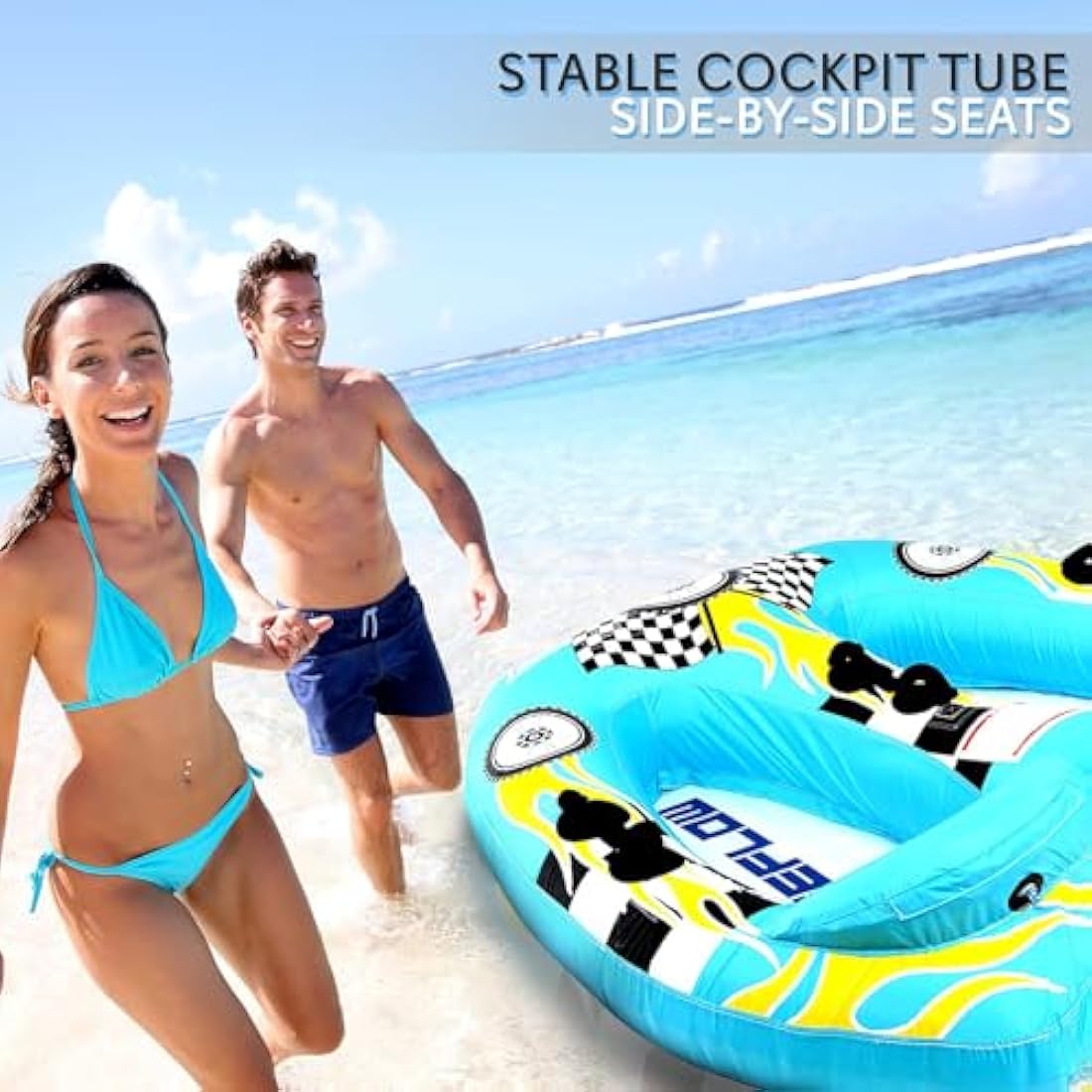 SereneLife Water Sports Inflatable Towing Hose Booster Tube, Water Towing Raft, Inflatable Towboats/Hoses/Towable with Double Seats, PVC Bubble, Foam Padding, Nylon Handles, blue