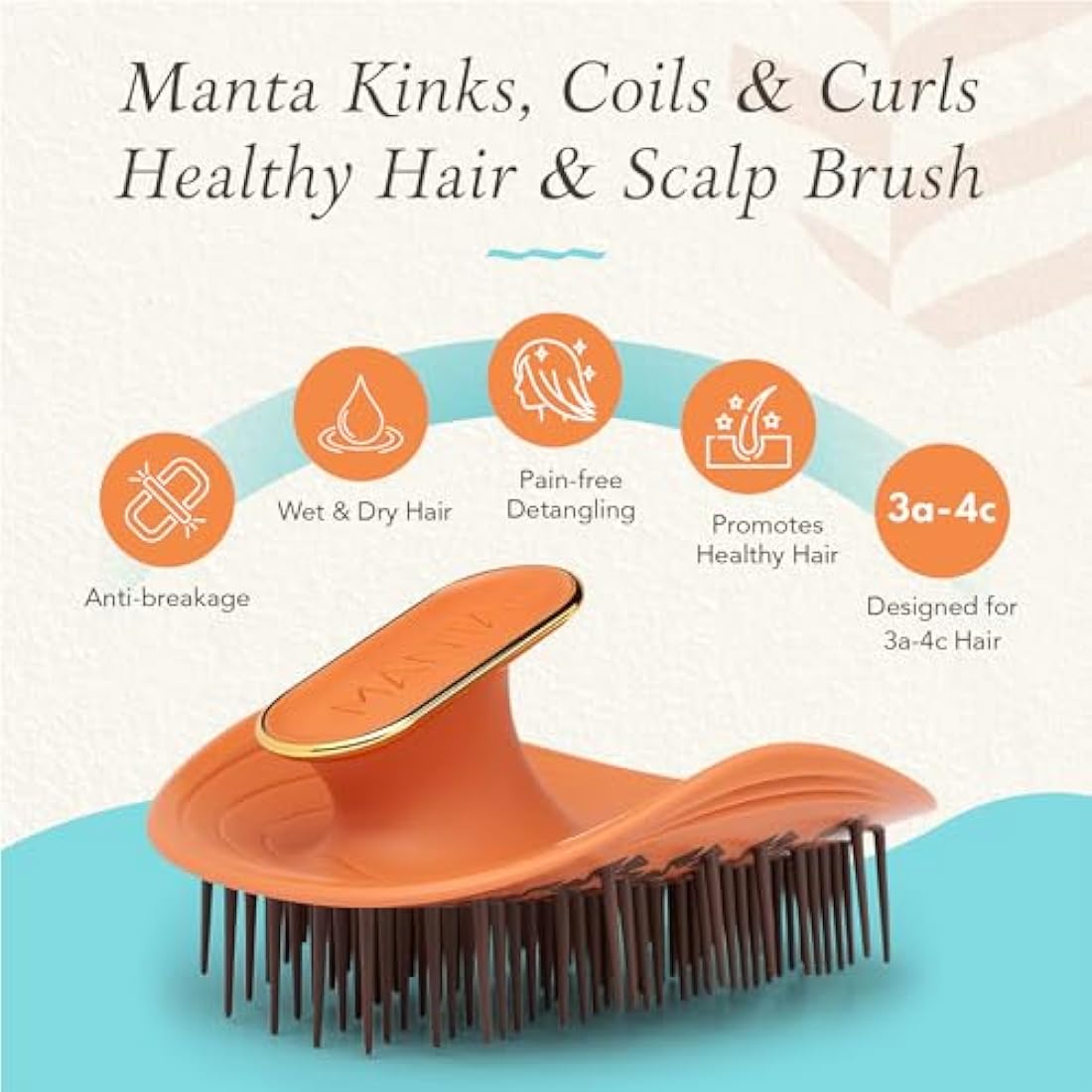 Manta Curls Anti-Breakage Hairbrush – Curl Detangling Brush for Curly & Afro Hair, Gentle Wet & Dry Hairbrush for Women, Orange