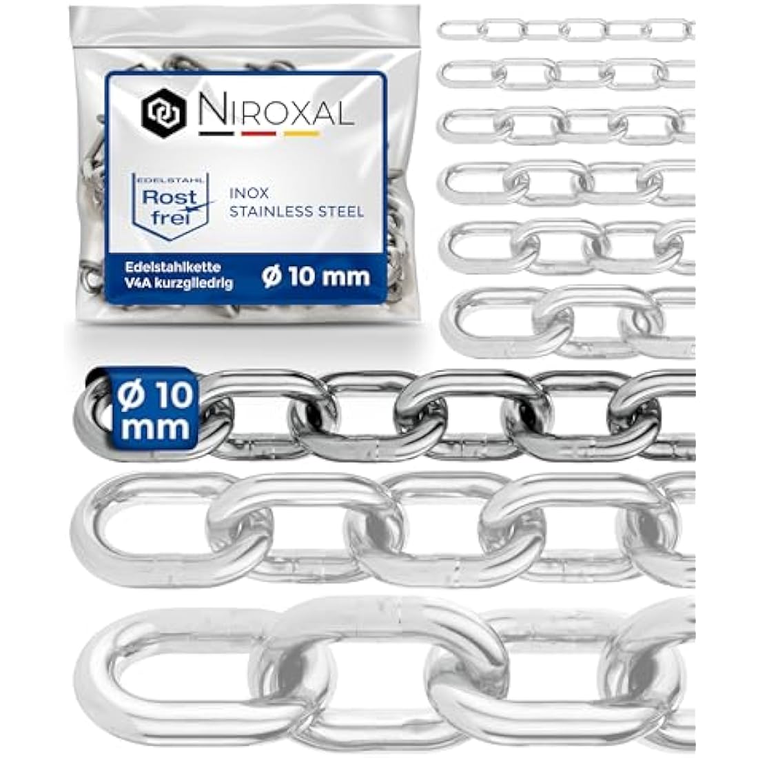 2 Pieces 150 cm = 1.5 m 10 mm Thick Stainless Steel Chain Sold by The metre V4A Chain Short Links in one Piece Anchor Chain A4 DIN 56856 Round Link Chains DIN 766 Stainless Steel Chain 1.5 m 316