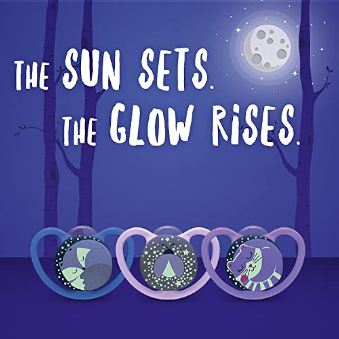 NUK Space Night Baby Dummy | 6-18 Months | Glow-in-The-Dark Soothers with Extra Ventilation for Sensitive Skin | BPA-Free Silicone | Lion & Moon | 2 Count