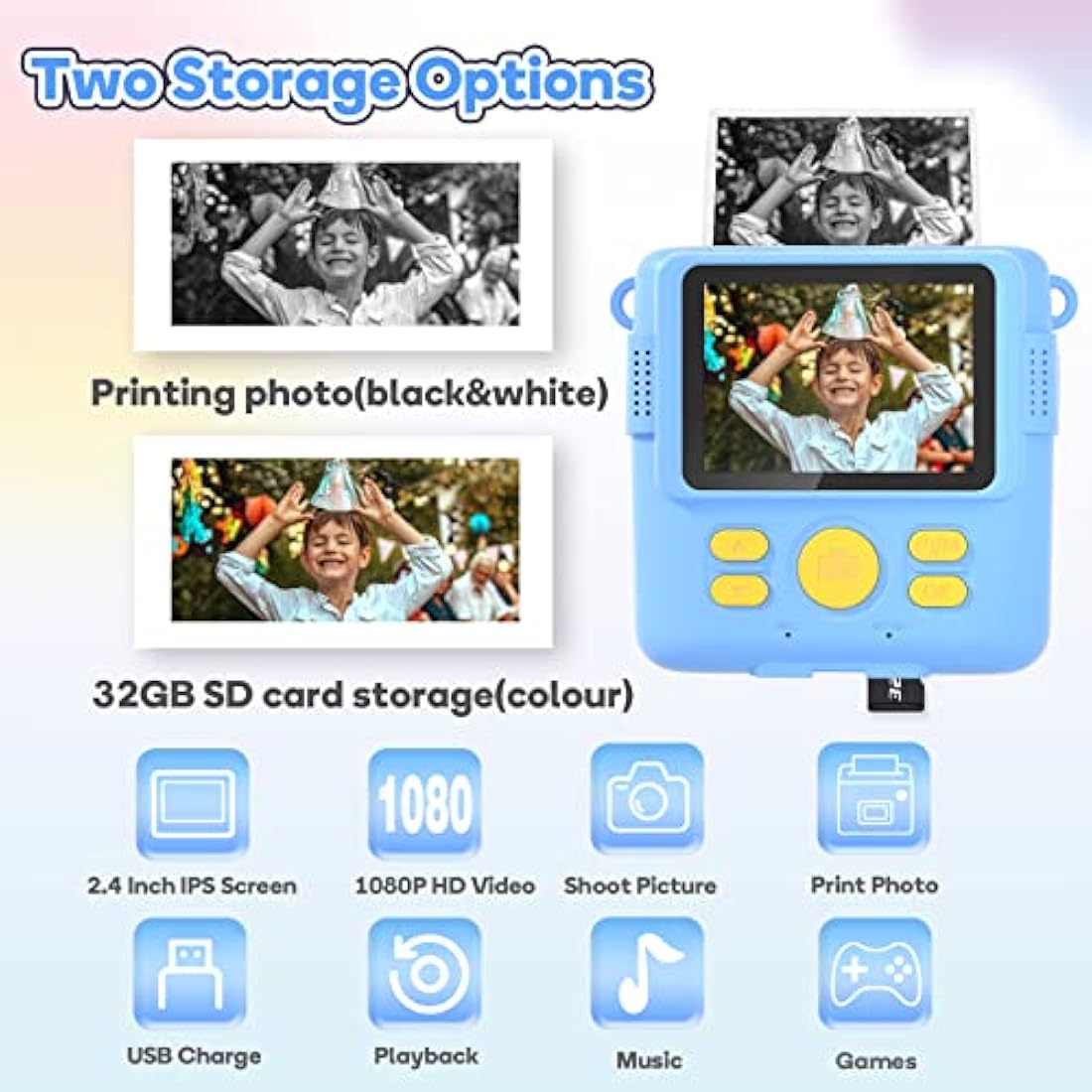 OPERHOO Kids Camera Boys Girls, Kids Instant Print Camera Toy 3-14 Year Old, 1080P HD Kids Digital Camera with Photo Paper Birthday Gifts 3 4 5 6 7 8 9+ Year Old Boy 6 Colour Pens 32GB SD Card