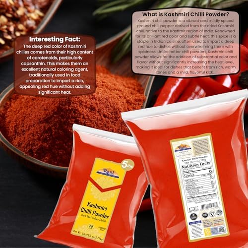 Rani Kashmiri Chilli Powder (Deggi Mirch, Low Heat) Indian Spice 80oz (5lbs) 2.27kg Bulk All Natural | Salt-Free | Kosher | Vegan | Gluten Friendly | Perfect for Deviled Eggs & Other Low Heat Dishes