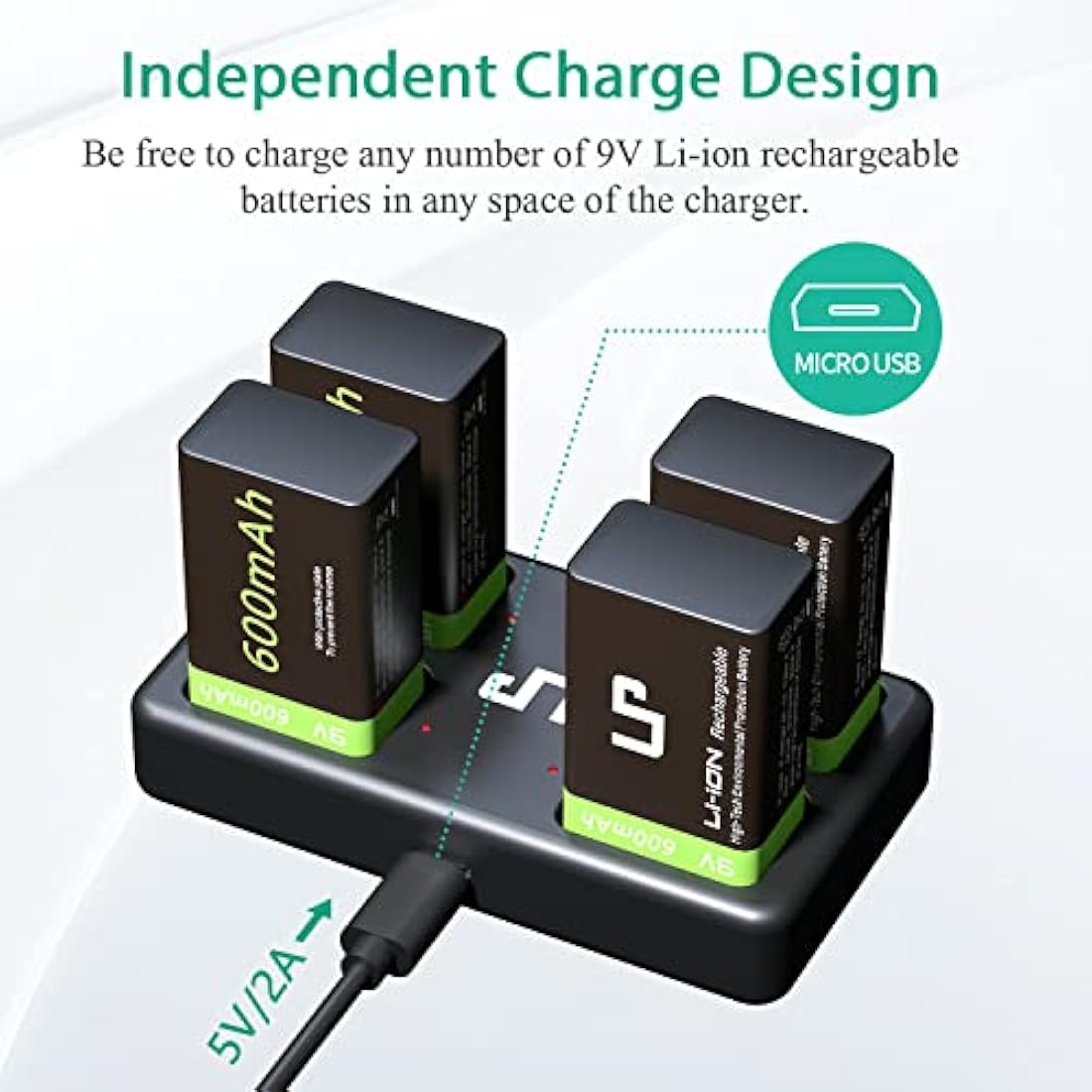 9V Rechargeable Battery Charger Pack, LP 4-Pack 600mAh 9 Volt Li-ion Batteries & 4-Bay Battery Charger for Alarms, Wireless Microphones, Smoke Detectors, Toys, Flashlights, Guitar, Keyboard & More