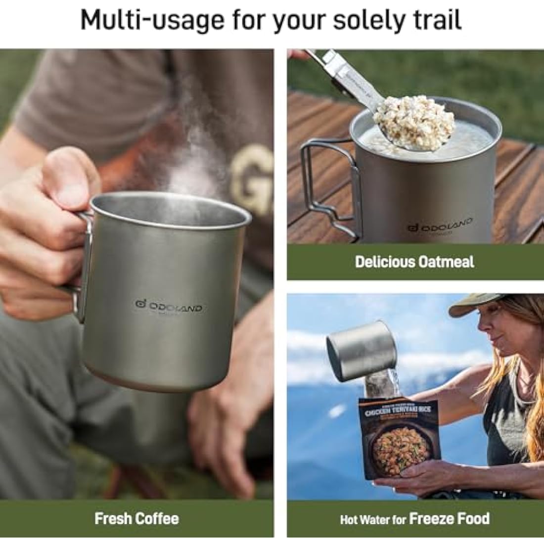 Odoland 750ML Titanium Mug, Camping Coffee Cup with Lid and Spork, Foldable Handle for Camping, Hiking, Traveling and Backpacking