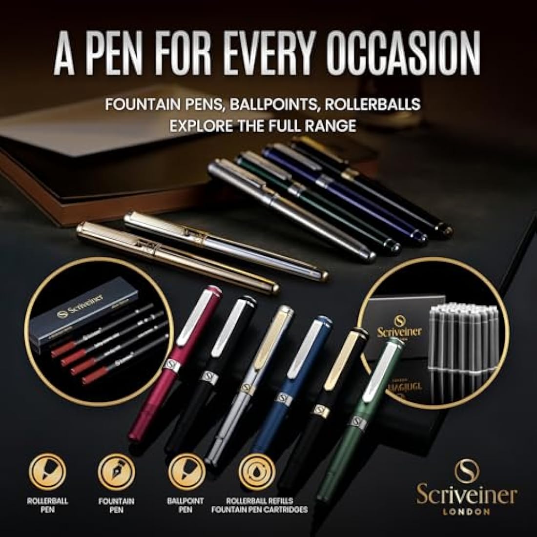 Scriveiner Silver Chrome Ballpoint - Stunning Luxury Pen, Real Gold Finish, Schmidt Black Refill, Best Ball Pen Gift Set for Men & Women, Professional, Executive, Office, Nice, Fancy Pens