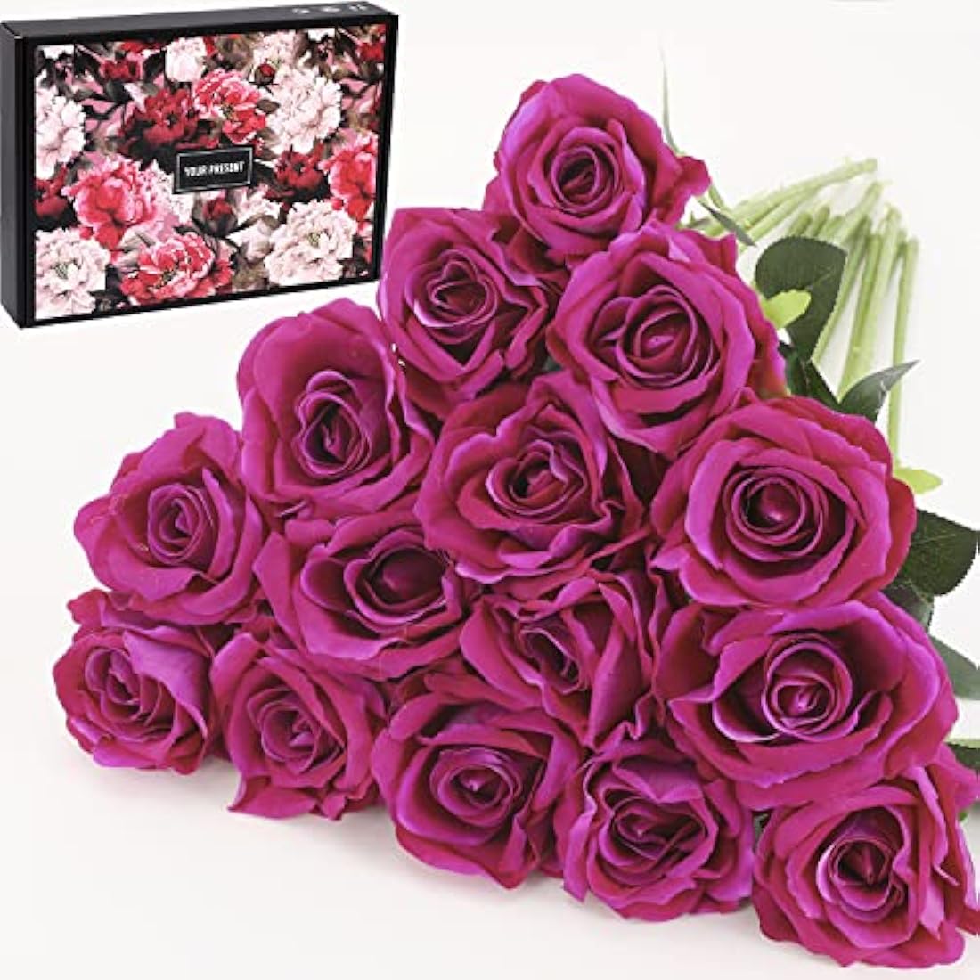Cloudecor 15Pcs Fake Roses Velet Rose Long Stem Artificial Flowers Silk Flowers for Home Wedding Decoration (Round Roses，Purple)