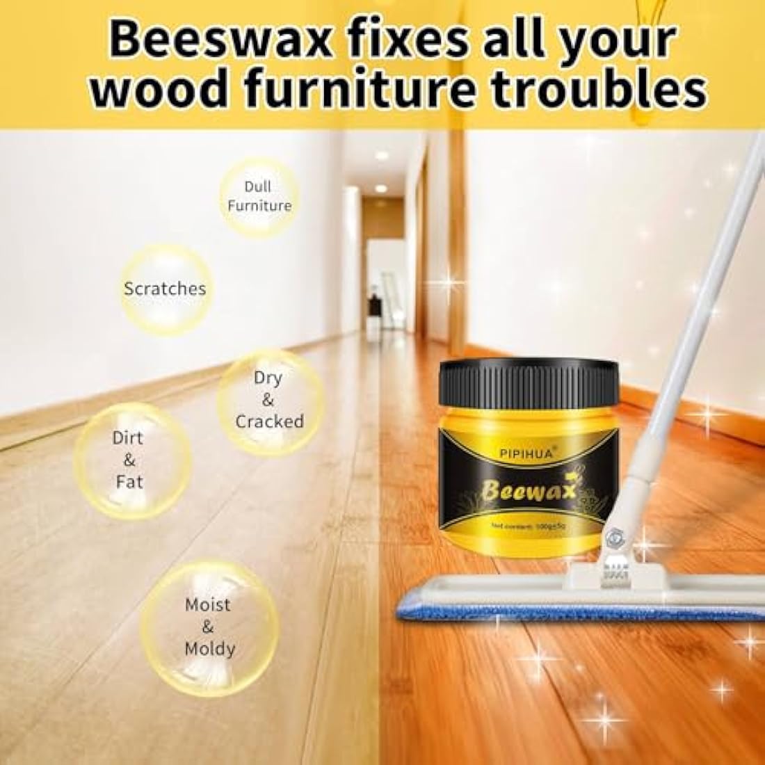 PIPIHUA Beeswax Polish for Wood, Multi-purpose Furniture Polish for Waterproofing & Protection, Natural Beeswax Traditional Wood Wax for All Types and Colours, 4×100g with 8 Sponges