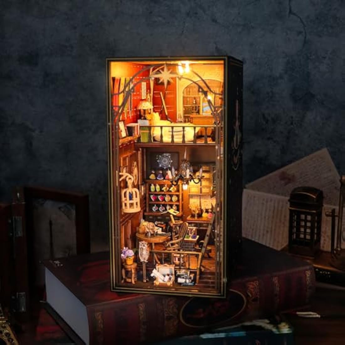 Cuteefun DIY Book Nook Kit, DIY Miniature Dolls House, Bookend Shelf Insert, Wooden Book Nook Dollhouse Kit for Adults to Build, Make Your Own Craft House Model (Mila Magic House)