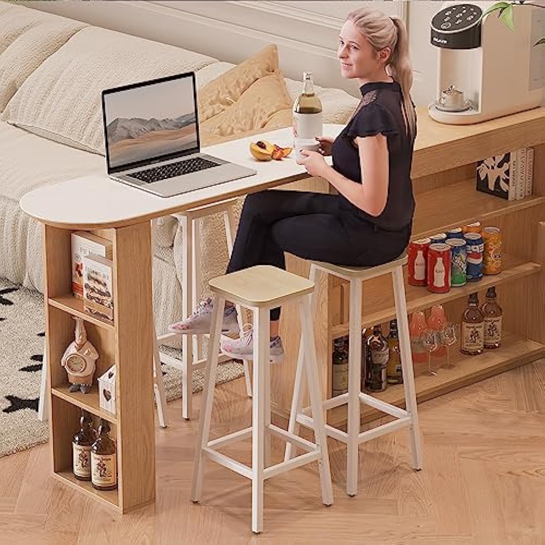 YMYNY Bar Stools Square Base Set of 2, Tall Breakfast Bar Stools with Footrest for Kitchen, Industrial Style, for Dining Room, Party Room, 29.5 x 29.5 x 70CM, Natural & White HBS511R