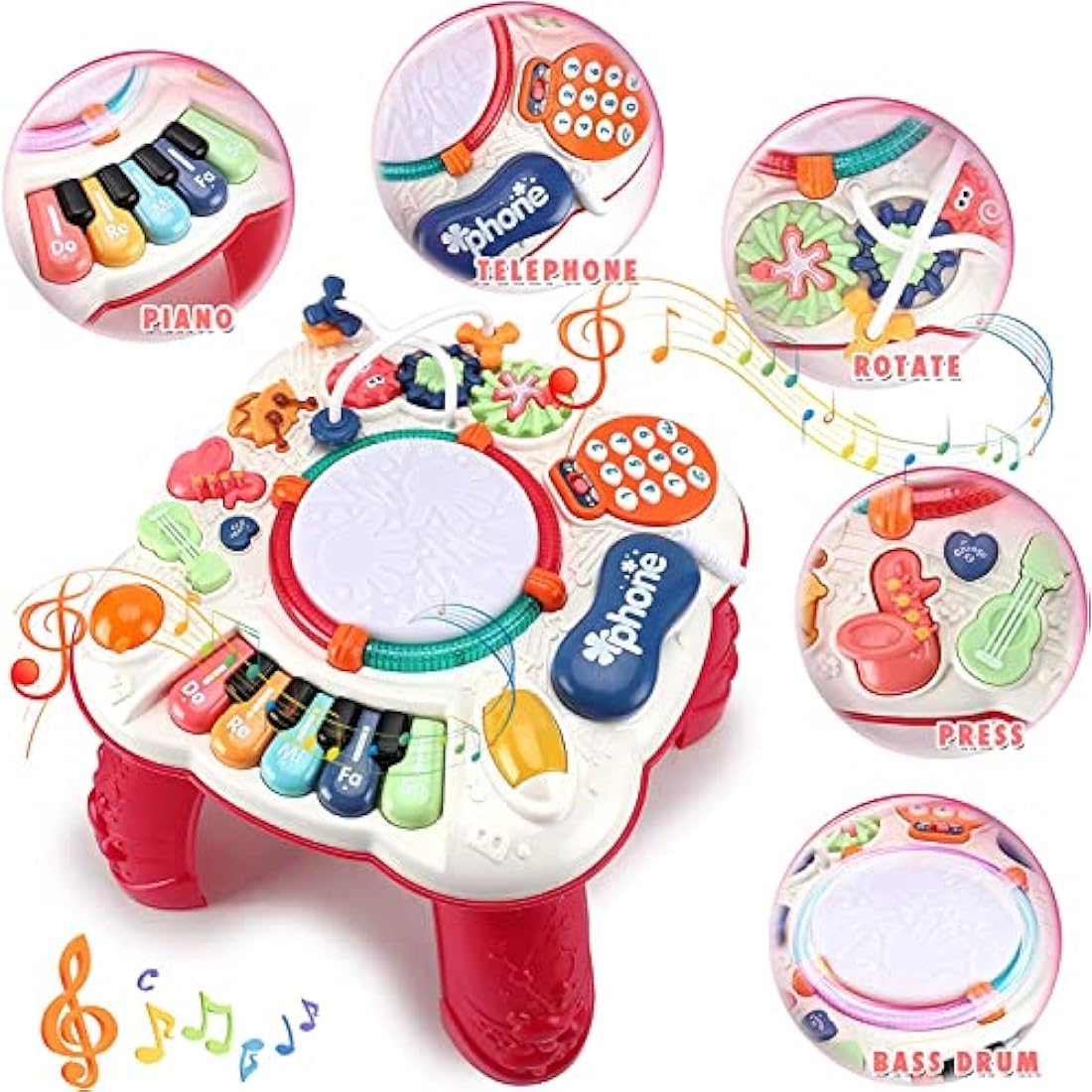 Innoocool Baby Activity Table Sensory Toys, Birthday Gift Music Learning Table for 0-6 Months 1 2 3 Year Old Boys and Girls, Early Education Music Table with Light and Sound 30×30×29cm, Red