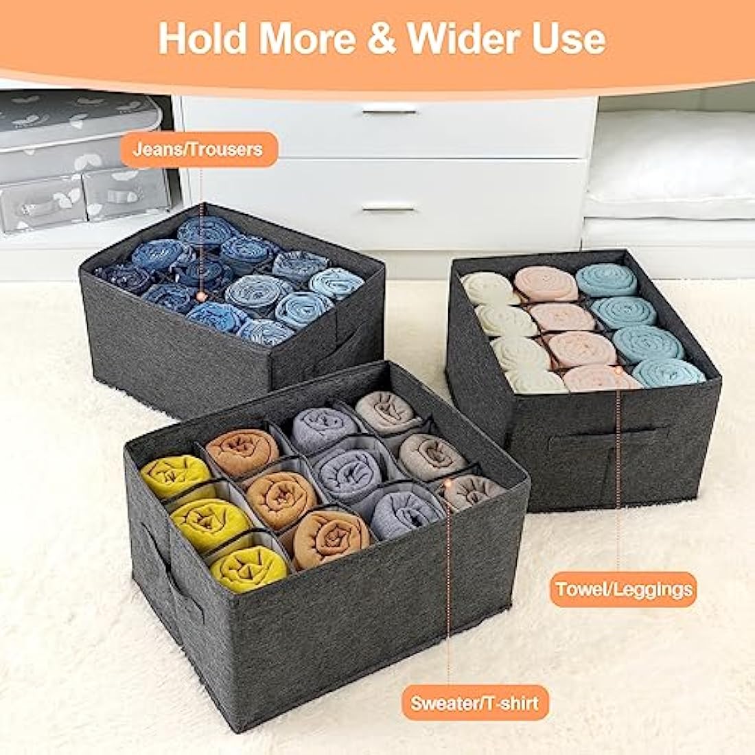 EASEVE 2 Pack Wardrobe Organiser Clothes Storage Boxes - 12 Cell Foldable Closet Shelf Drawer Dividers for Cupboard Organizer, Stackable Clothing Box for Jeans, Trouser, Pants, T-shirt, Sweater