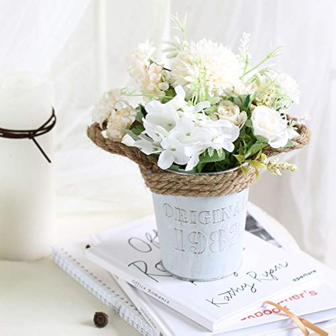 Leixi Artificial Hydrangea Flowers Plants With Pot, 11 × 20cm Fake Plants in Metal Pot, Silk Roses Flowers for House Office Desk Kitchen Table Windowsill Decoration, New House Gift (White)
