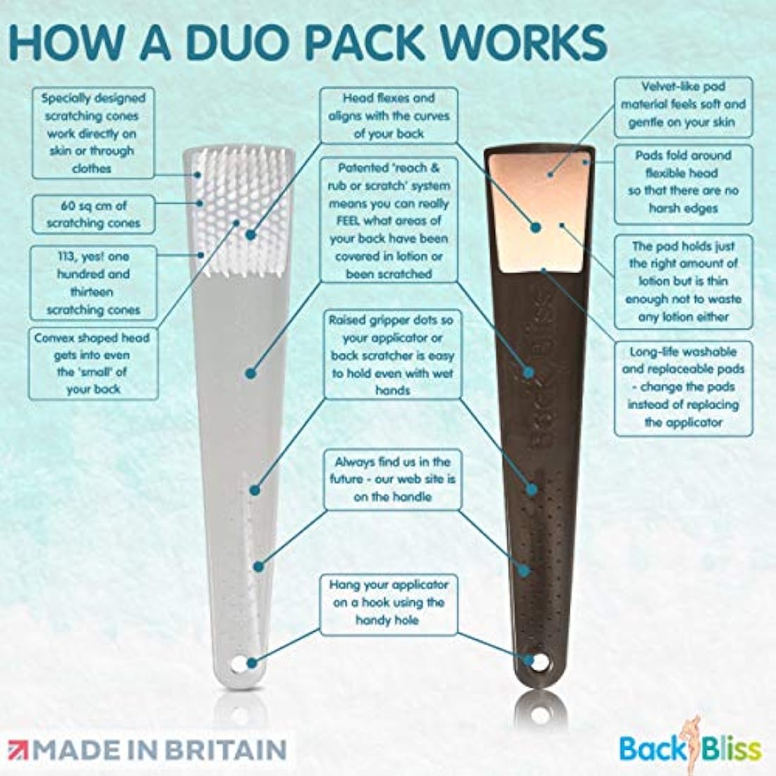 British Made Back Lotion Applicator and Back Scratcher Set - Back Bliss Solution for Hard to Reach Backs - Clear & Black Interchangeable Handles