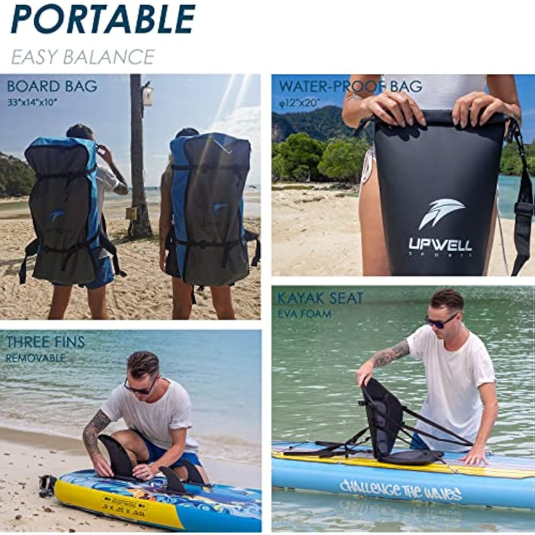 UPWELL 11'/10'6' Inflatable Stand Up Paddle Board with sup Accessories Including Backpack, Repairing Kits, Non-Slip Deck, Kayak Seat, Leash, 3 Fins, Paddle and Hand Pump