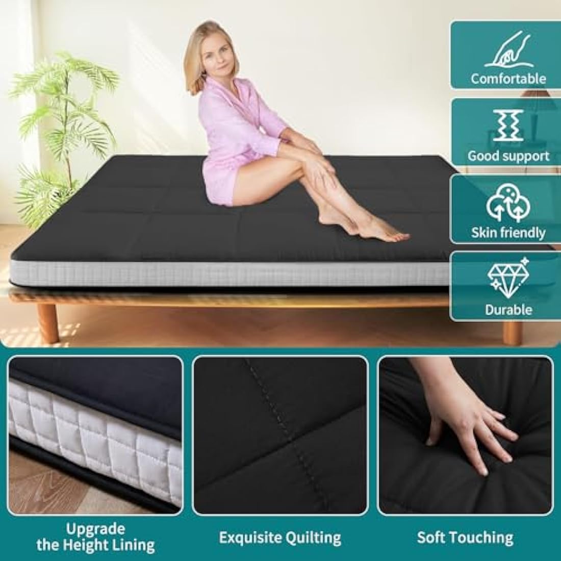 SUNYRISY Futon Mattress Japanese Floor Mattress, Thicken Foldable Bed Mattress, Roll Up Mattress Topper Sleeping Pad Tatami Mat, Floor Lounger Guest Bed for Camping Couch Car, Black, Single