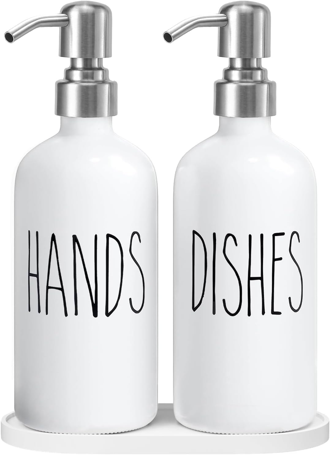 2 Pack Glass Soap Dispenser, Contains Dish Soap and Hand Soap Dispenser - 500 ML Farmhouse Wash Up liquid Dispenser with Stainless Steel Pump & Tray