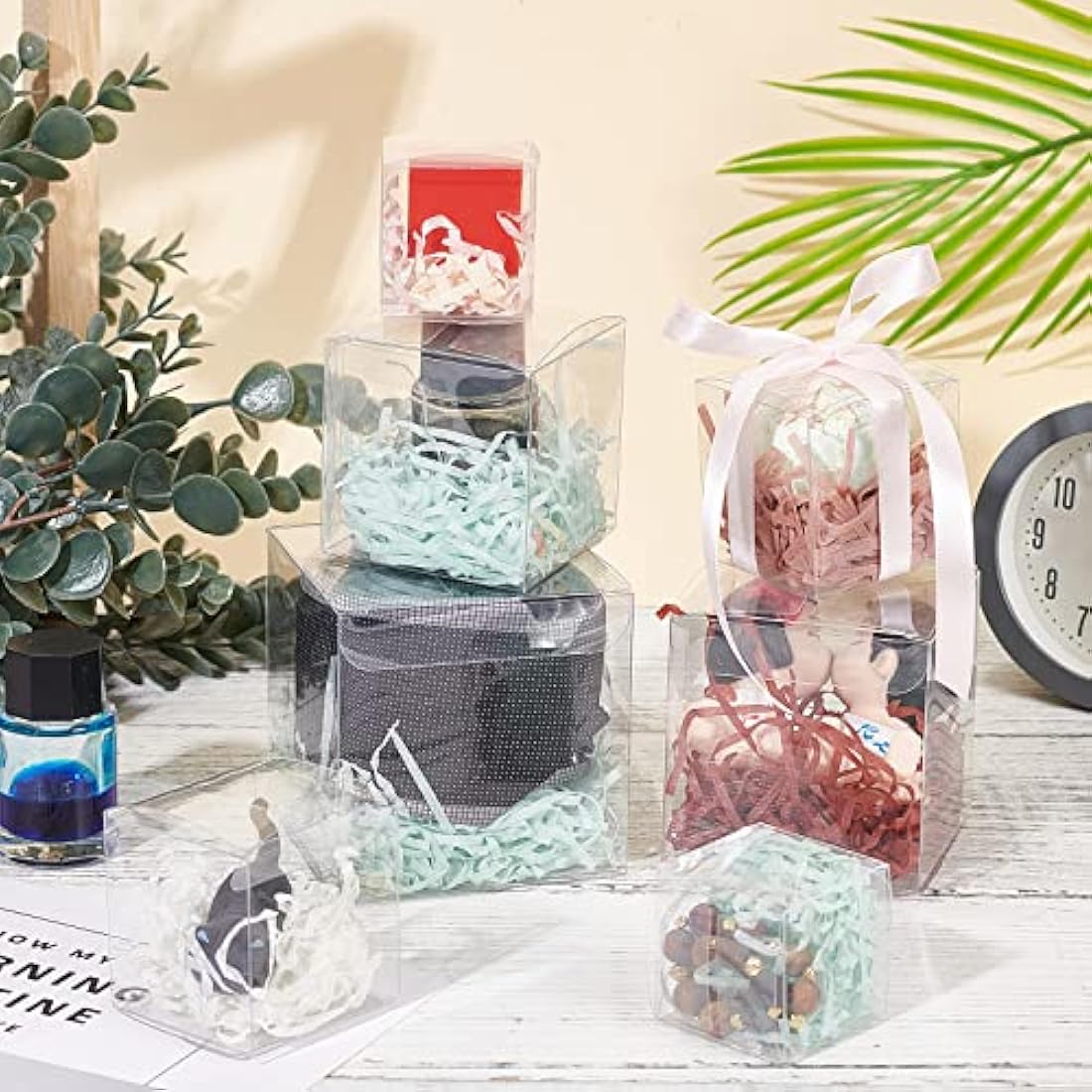BENECREAT 50PCS 7x7x7cm Clear Cube Wedding Favour Boxes PVC Transparent Cube Gift Boxes for Birthday Candy Chocolate Cake Balloon