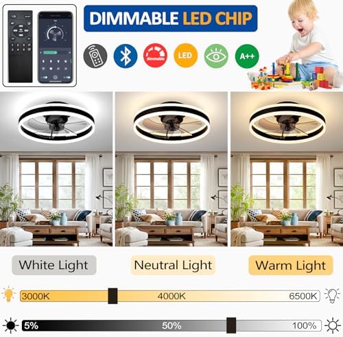 OMGPFR LED Ceiling Fans with Lights Reversible Remote, 6 Speeds Modern Bedroom Fan Ceiling Light Quiet Dimmable Small Ceiling Fan Light for Living Room, White 50CM