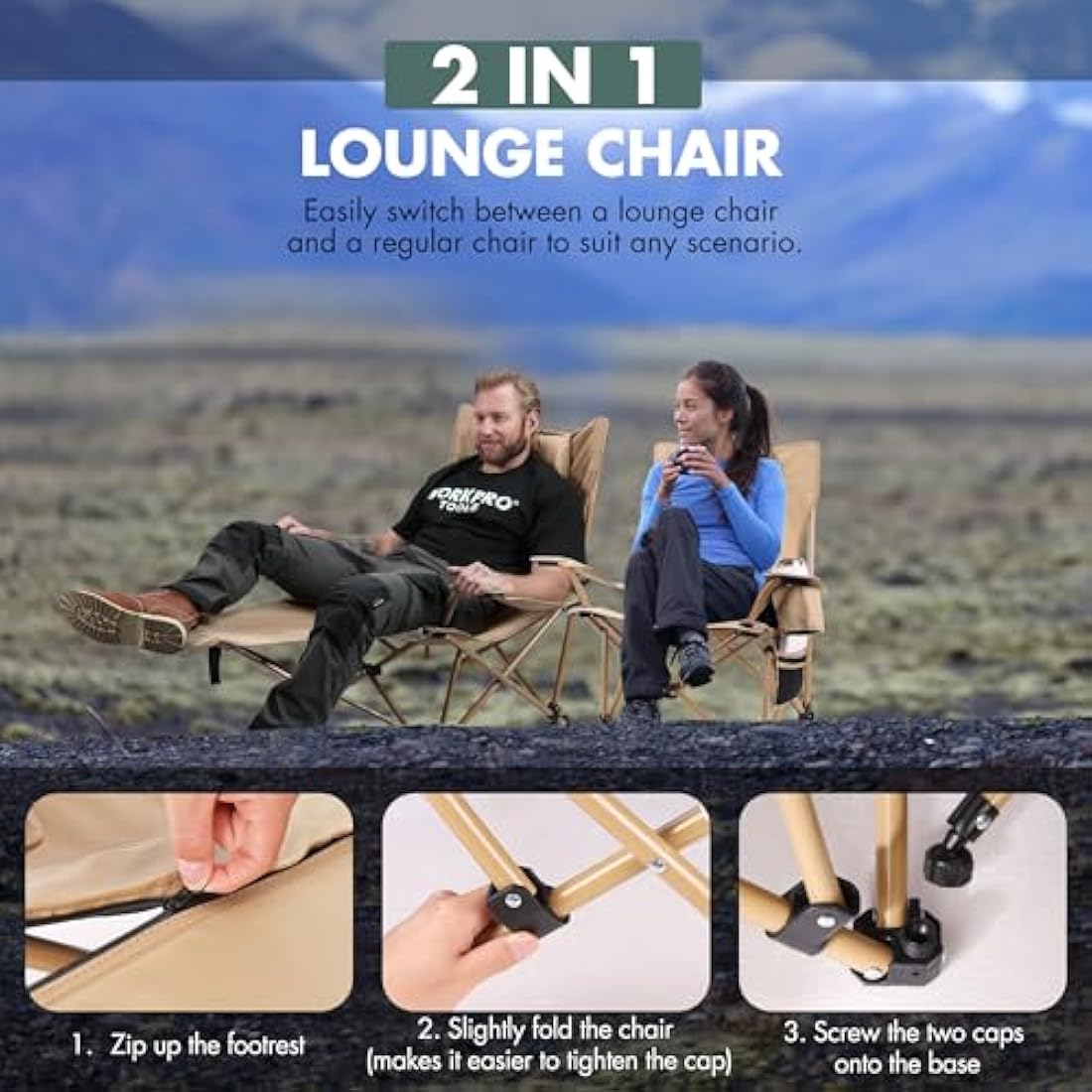 VILLEY Reclining Camping Chair with Removable Footrest, 2 in 1 Portable Adjustable Recliner Camp Chair, Headrest & Storage Bag, Supports Up to 150 kg