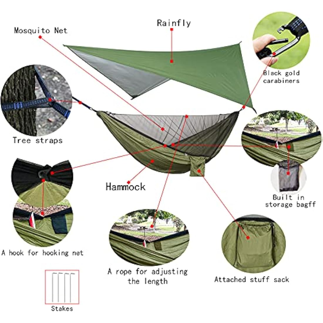 Camping Hammock Set, Single Double Hammock, Mosquito Net, Insect Net, Rainfly, High Strength Parachute Cloth Hammock. Suitable for outdoor, hiking, camping, travel Army Green
