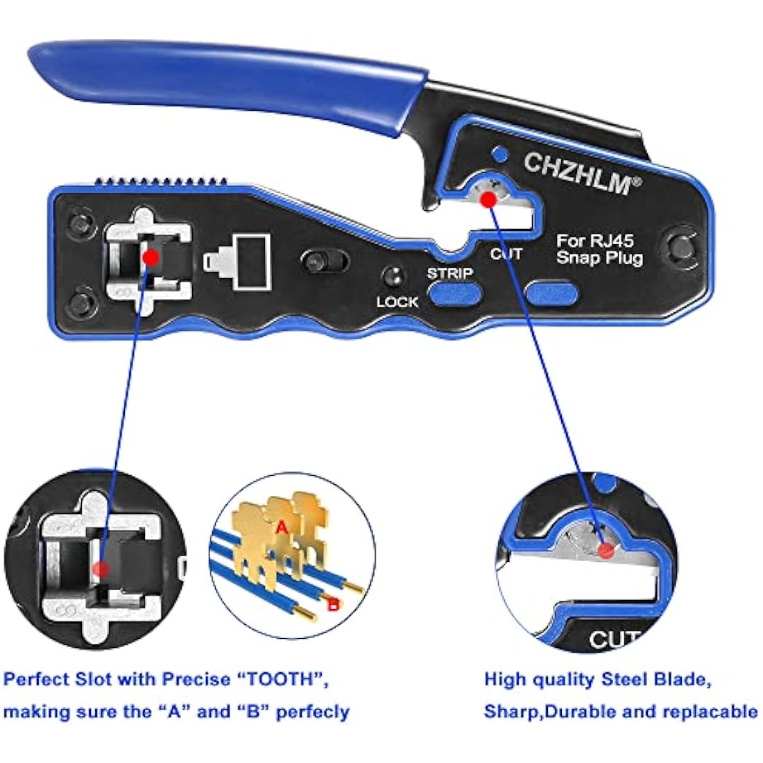 CHZHLM Rj45 Crimp Tool Kit Pass Through Crimping Tool Crimper Cutter for Cat6 Cat5 Cat5e with 50PCS Connectors Mini Wire Stripper Cable Tester and Plier