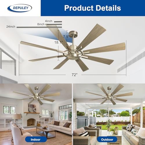 Depuley Ceiling Fan Without Light: 72 Inch Big Outdoor Fan with Remote Control for Patio Porch - Grainy Fan for Indoor - Large Farmhouse Fan Reversible 8 Blade Quiet DC Motor