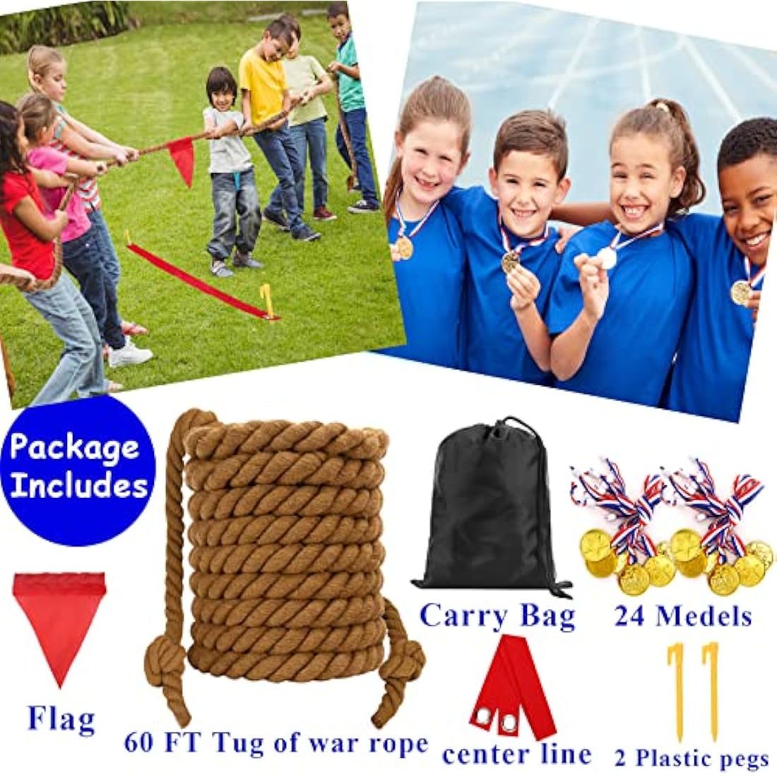 WYRJXYB Field Day Tug a War Rope Games 18M for Kids and Adult, Outdoor Outside Activities Carnival Easter Games for Kids Family Reunion Birthday Party Picnic Yard Fun Games, Summer Camping Game,Brown