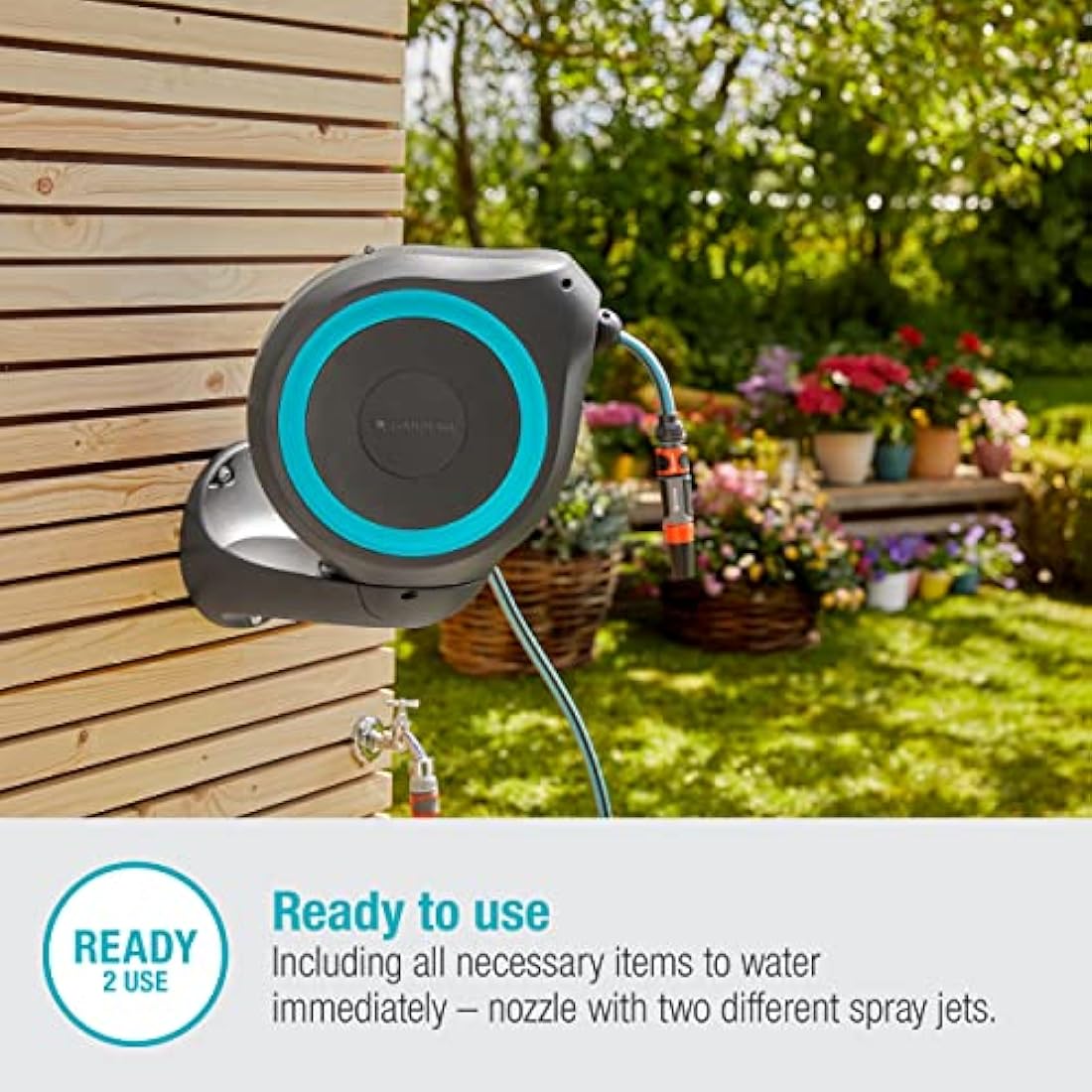 Gardena Wall-Mounted Hose Box RollUp S (turquoise): Versatile watering system for small gardens, swivel hose reel, with wall bracket, system parts and nozzle including 15 m Gardena hose (18600-20)