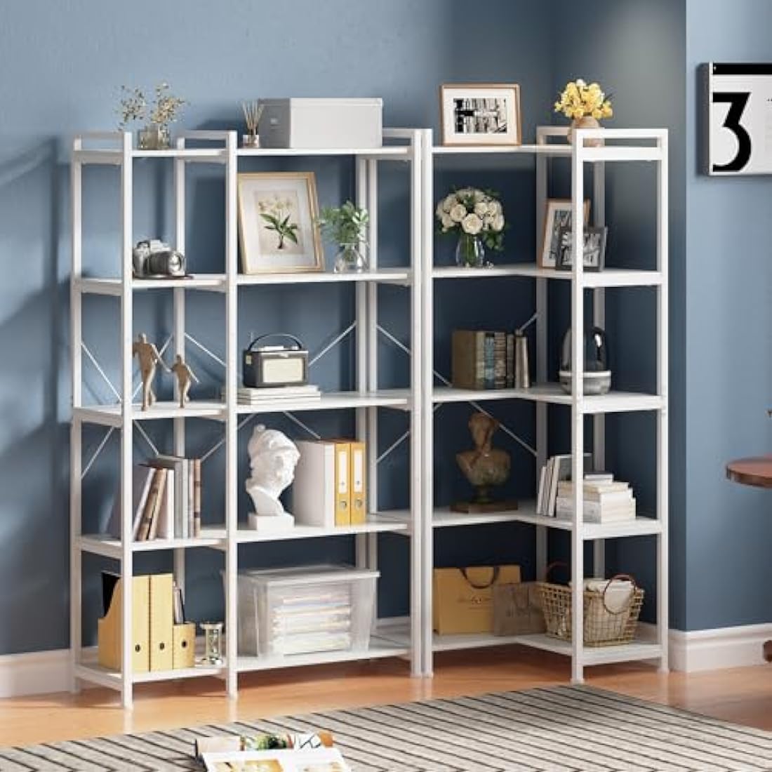 VEDECASA 5 Tiers Corner Bookcases L Shaped Corner Bookshelves White Bookshelf Storage Display Rack with Metal Frame for Living Room Home Bedroom Home Office Study Room White