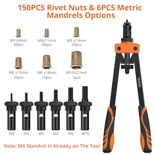 Proster 14" Rivet Nut Tool with 6PCS Metric Mandrels 150 PCS M3-M10 Heavy Duty RIV Nut Gun Set Thread Setter Kit with Carrying Case Orange