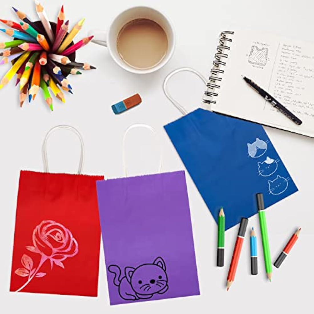 30 Pcs Paper Party Bags 10 Colors Present Bags Kraft Paper Bags with Handles, Party Present Bags Thick Kraft Bags for Kids, Present, Candy, Cookie, Celebrations, Baby Shower, Birthday(21 x 15 x 8 cm)