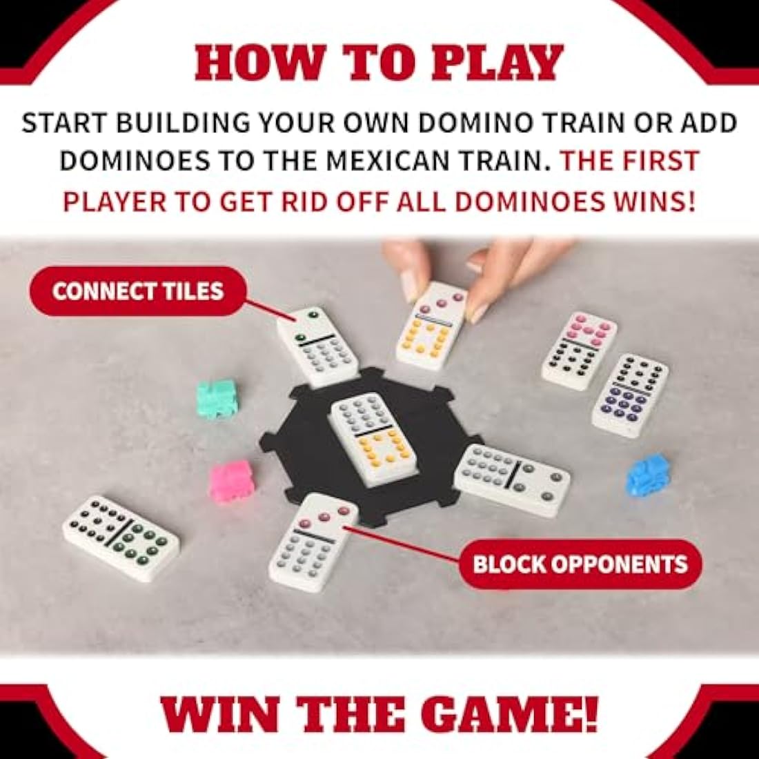 Tactic Mexican Train Domino Game for Kids, Adults, 2-8 Players - Portable, Compact Colored Domino Train Game in a Tin Box - Perfect for Game Nights, Get Togethers