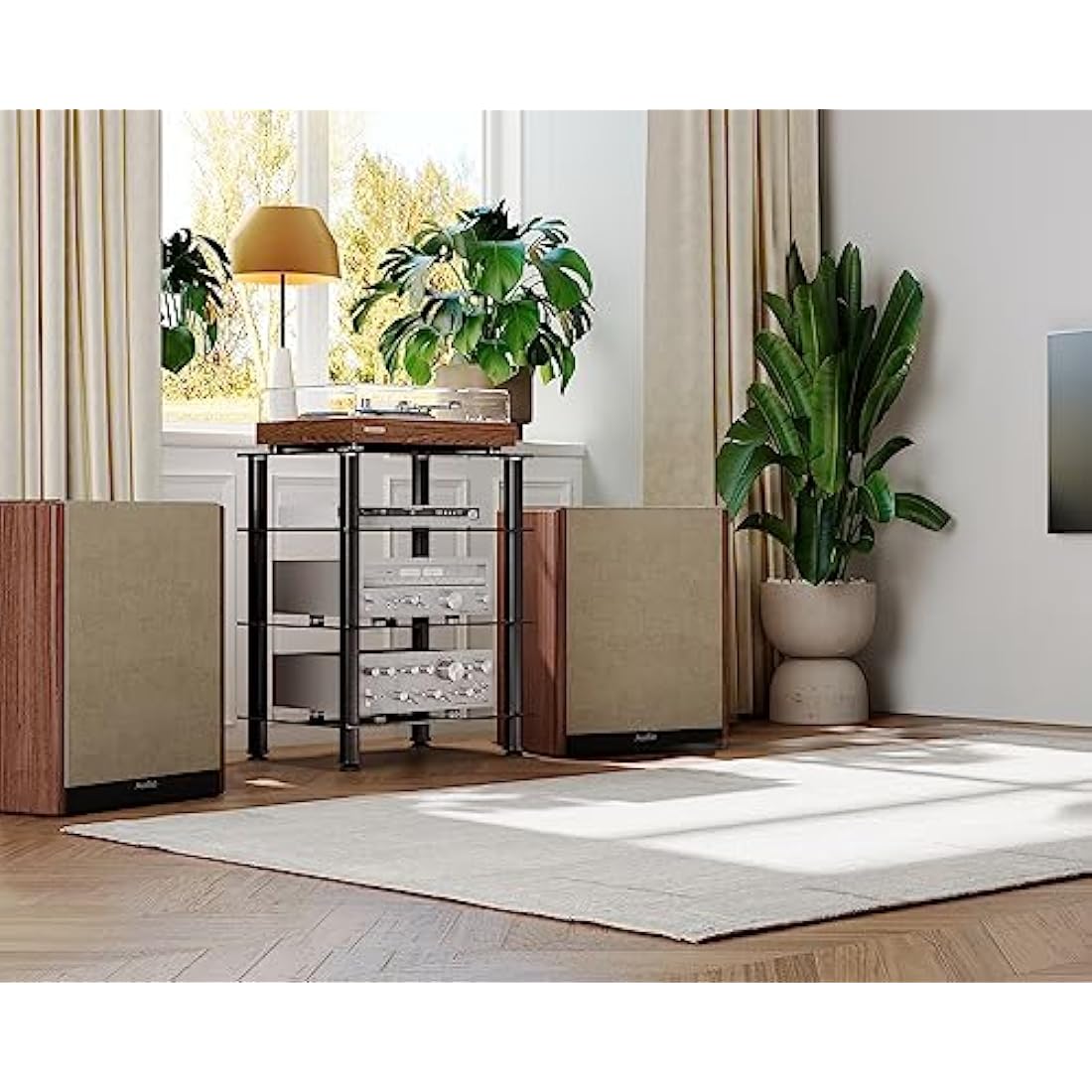 FITUEYES HiFi Rack AV Shelf 4-Tiers Glass TV Stand with Tempered Glass Media Storage Shelves Black
