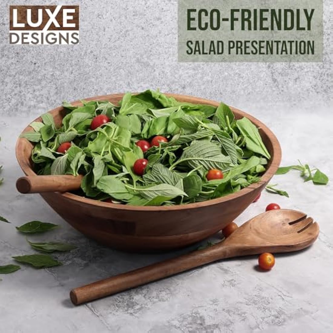 Luxe Designs Wooden Salad Bowl Set – Large Salad Bowl for Food, Fruits, or Salads – Durable Handmade Bowl with Spoon, Fork – Natural Wooden Bowls Decorative – Ideal Serving Bowl for Dining
