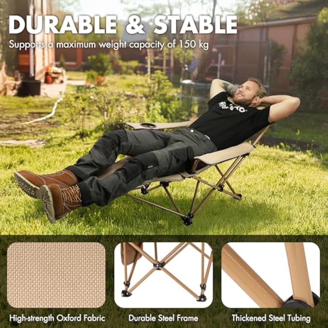 VILLEY Reclining Camping Chair with Removable Footrest, 2 in 1 Portable Adjustable Recliner Camp Chair, Headrest & Storage Bag, Supports Up to 150 kg