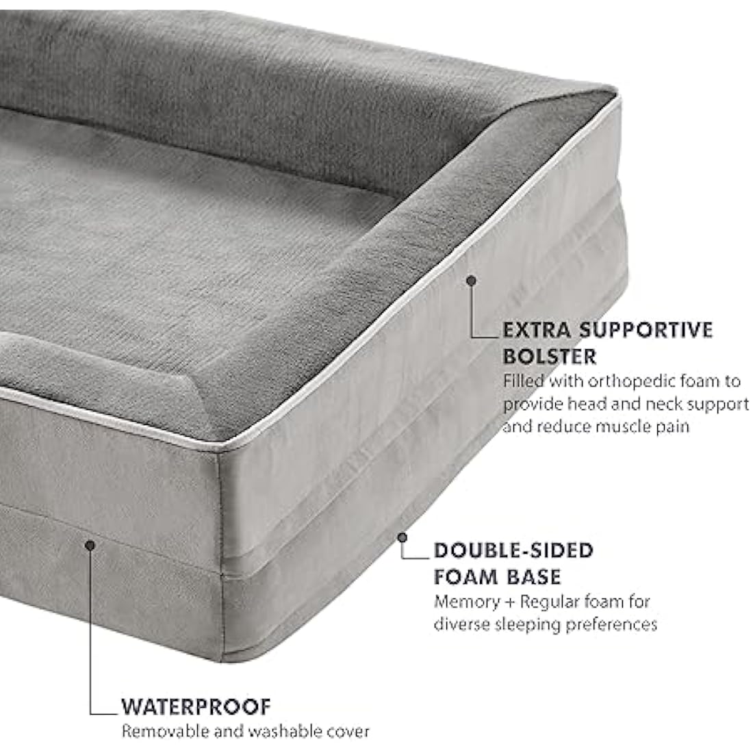 Codi Medium Memory Foam Layer Dog Bed, Washable Orthopedic Dogs Beds Couch with Removable Zipper Cover, Waterproof Pet Sofa with U-Shape Bolster, Grey, 71x58x(7.5+8.9) cm