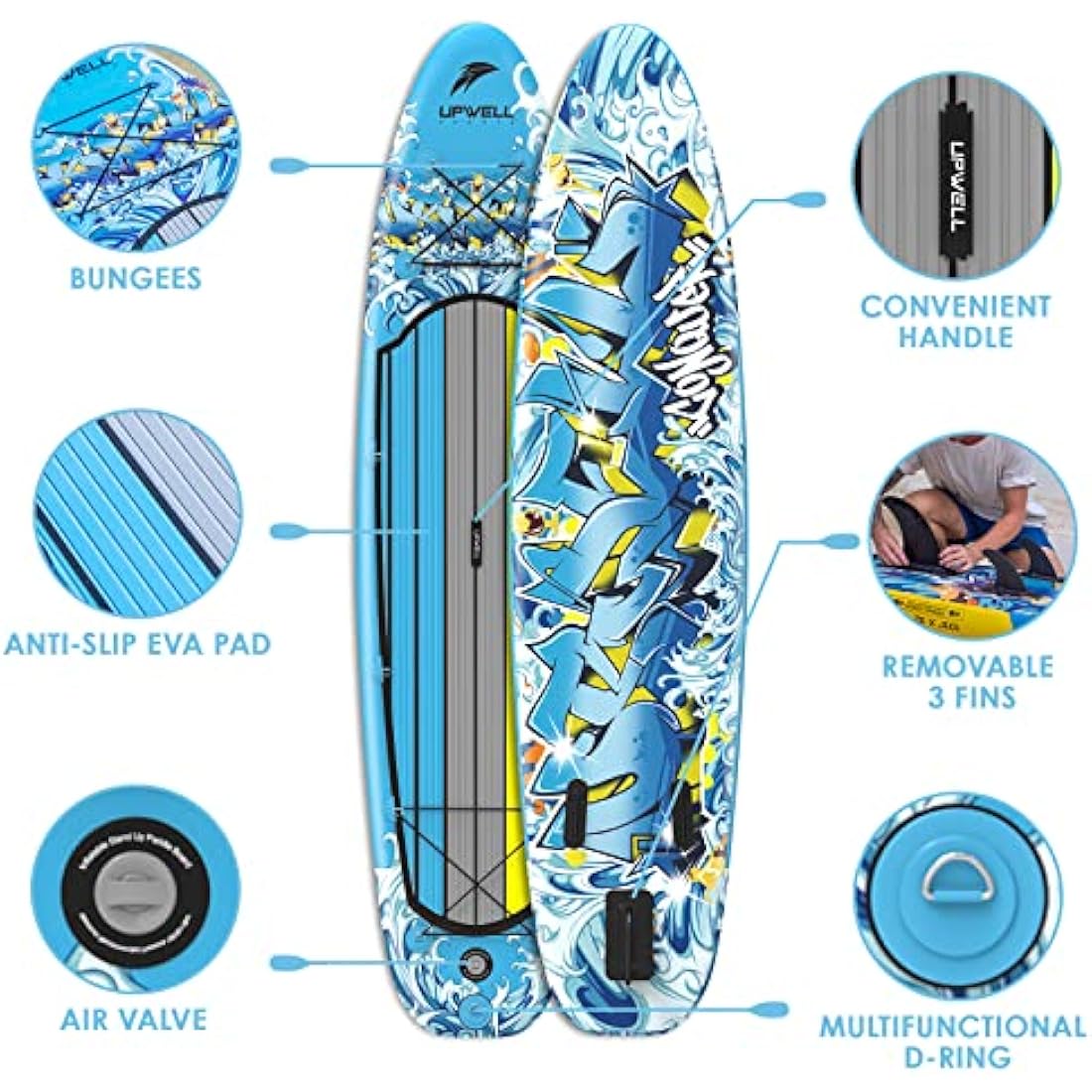 UPWELL 11'/10'6' Inflatable Stand Up Paddle Board with sup Accessories Including Backpack, Repairing Kits, Non-Slip Deck, Kayak Seat, Leash, 3 Fins, Paddle and Hand Pump