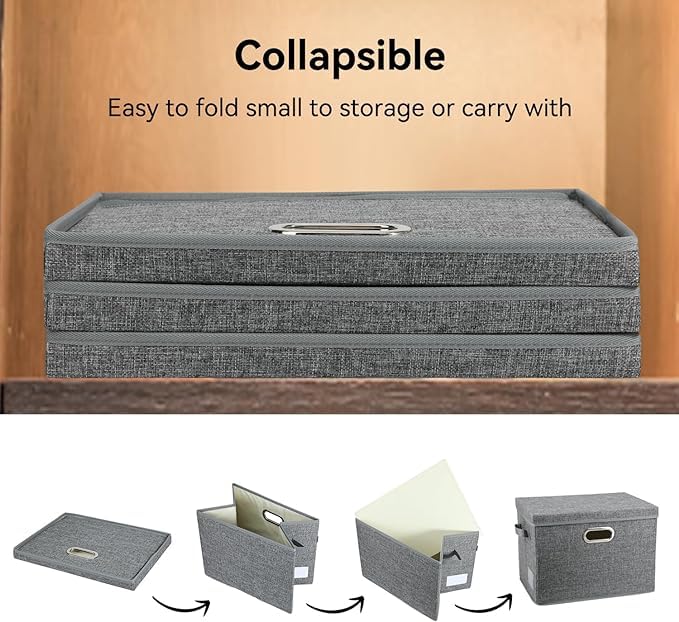Voova Large Collapsible Storage Bins with Lids,3 Pack Stackable Linen Fabric Cube Storage Organizer,Foldable Closet Storage Boxes Baskets Containers