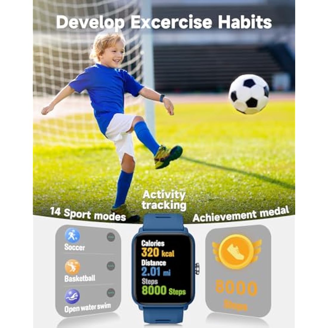 BIGGERFIVE Kids Smart Watch, Fitness Tracker Watch Pedometer, Heart Rate, 5ATM Waterproof, Sleep Monitor, Alarm Clock, Calorie Step Counter, Puzzle Games, 1.5" HD Touch Screen for Boys Girls Ages 3-14