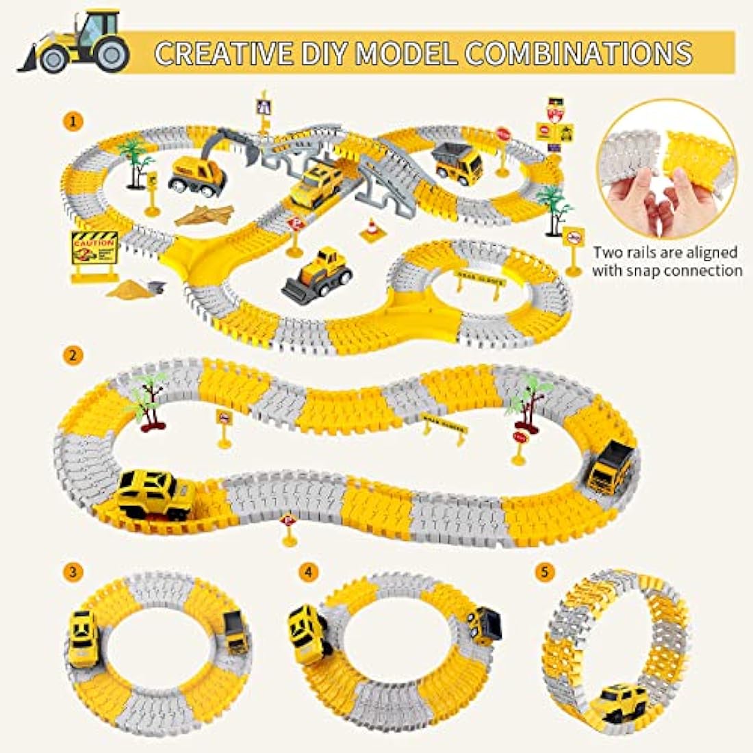 BBLIKE 255 PCS Construction Race Tracks Toy for 3 4 5 6 7 Age Year Old Boys Girls, 3 Trucks 1 Race Cars and Flexible DIY Track Set Create A Engineering Road Games Presents Toddler Toys Birthday Gifts