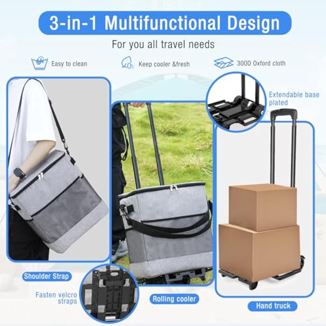 ZHJINGYU 60-Can/40L Rolling Cooler, 3-in-1 Insulated Cooler Bag, Adjustable Handle & Wheels, 40L Cooler Box with All Terrain Trolley, Leakproof for Picnic Camping Beach Fishing