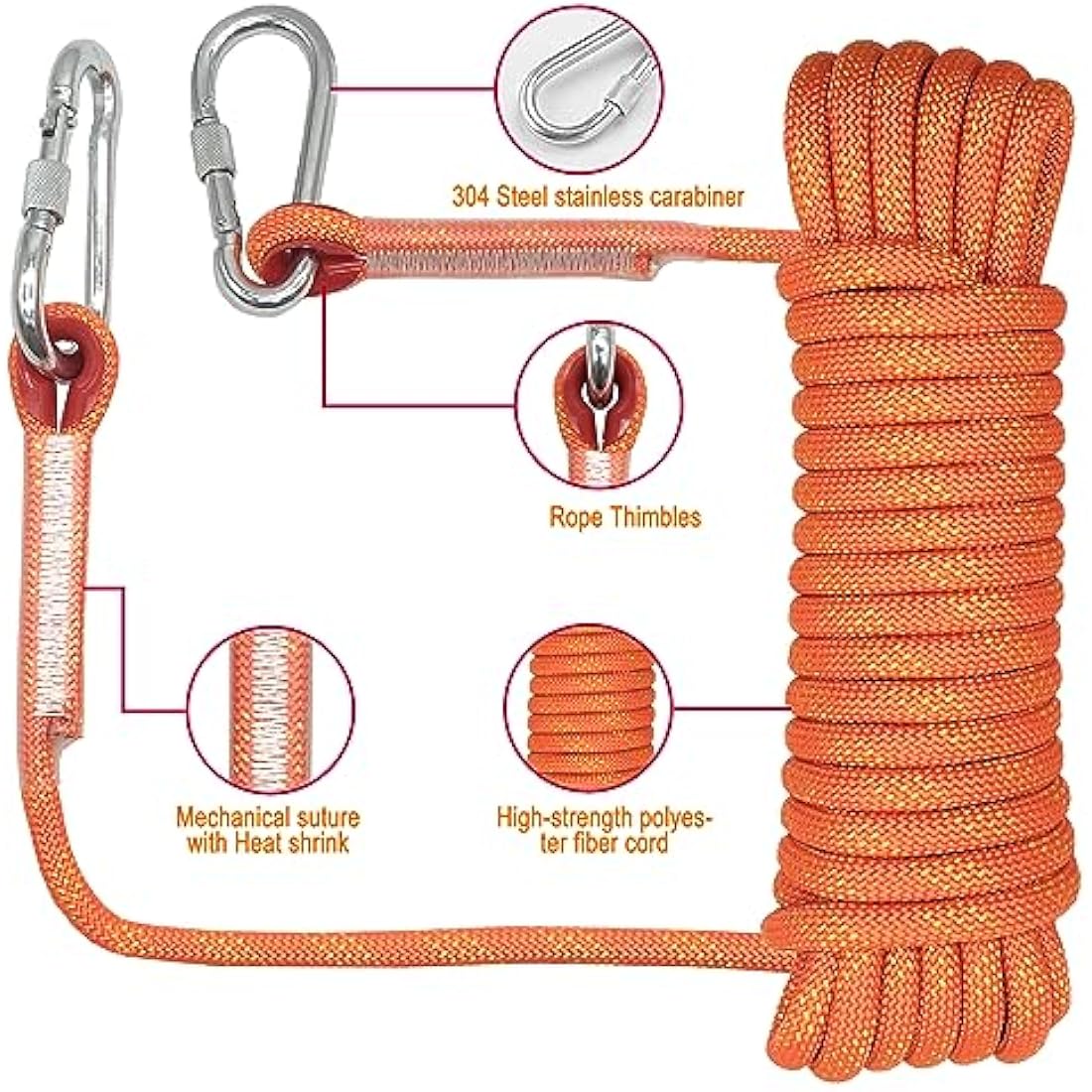 Climbing Rope, Diameter 10mm Outdoor Static Multipurpose Rope, High Strength Cord Safety Rope for Escape, Camping, Hiking, Fire Rescue, Parachute (Orange Length 30m)