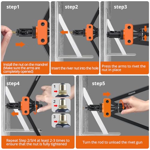 Proster 14" Rivet Nut Tool with 6PCS Metric Mandrels 150 PCS M3-M10 Heavy Duty RIV Nut Gun Set Thread Setter Kit with Carrying Case Orange