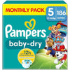 Pampers Baby-Dry Paw Patrol Edition Size 5, 186 Nappies, 11kg - 16kg, Monthly Pack, with A Stop & Protect Pocket to Help Prevent Leaks at The Back
