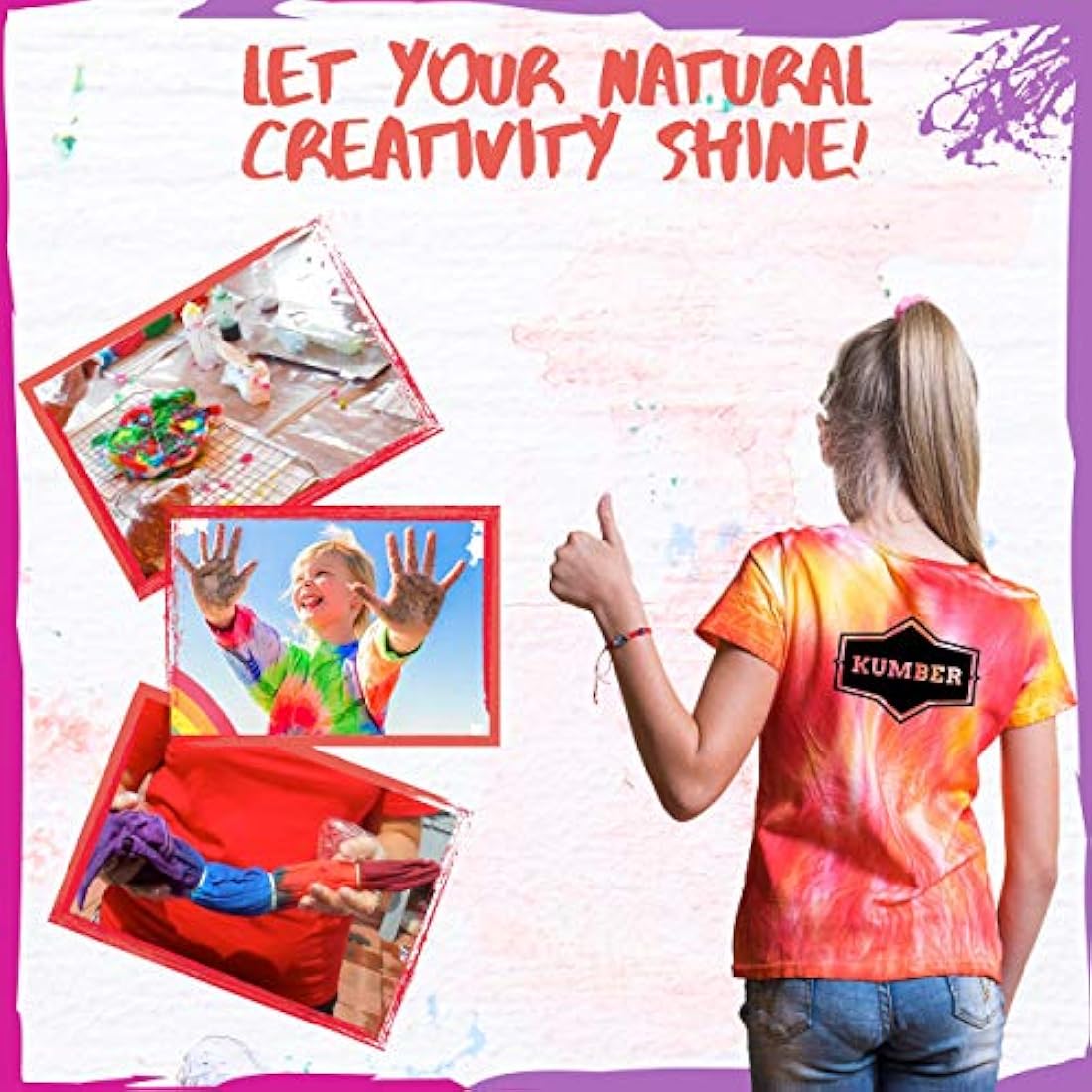 KUMBER Tie Dye Kit Kids - 5 Colours with Extra Dye Powder, Rubber Bands, Gloves and Funnel - Art and Craft Set for Dyeing Clothes, Creative Games & Activities - Suitable for Kids and Adults