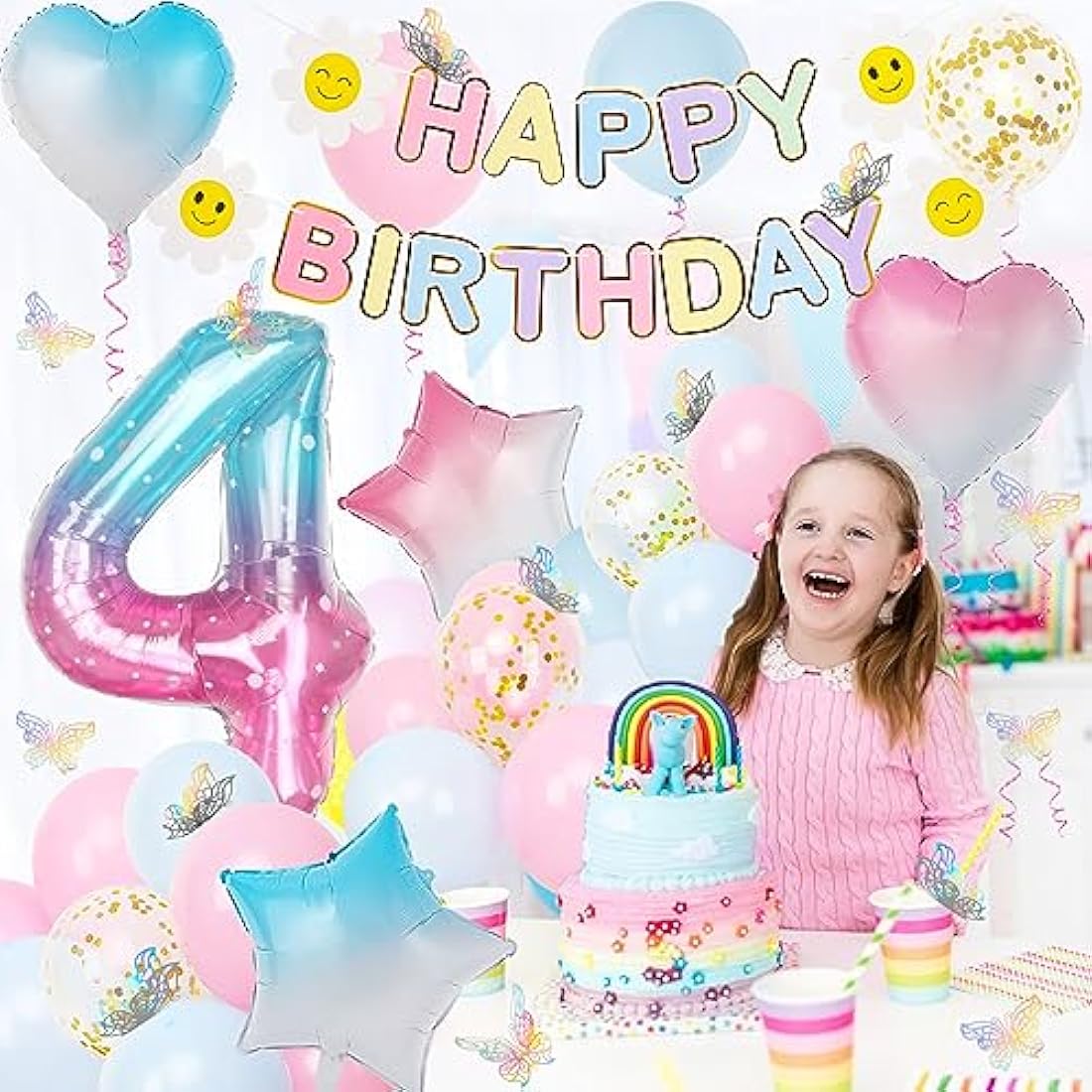 4th Birthday Decorations for Girls, Gradient Color 40 Inch Age 4 Foil Balloons with Happy Birthday Banner and Butterfly Stickers, for Baby Shower, Girls Boys Party Decorations