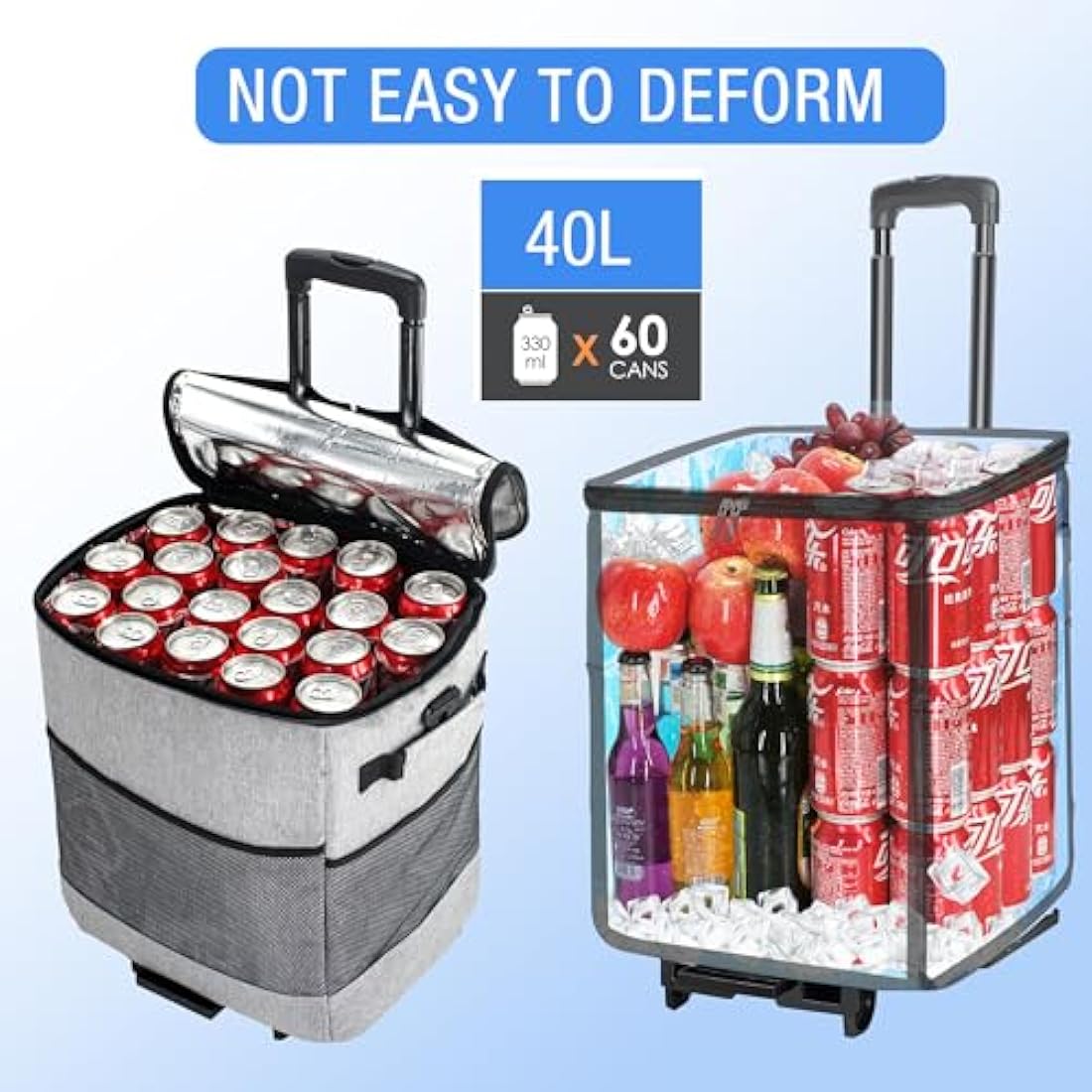 ZHJINGYU 60-Can/40L Rolling Cooler, 3-in-1 Insulated Cooler Bag, Adjustable Handle & Wheels, 40L Cooler Box with All Terrain Trolley, Leakproof for Picnic Camping Beach Fishing