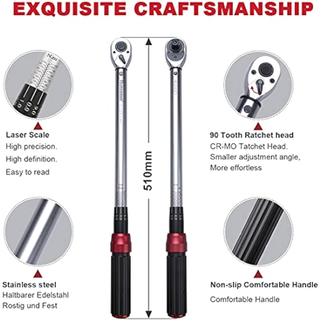 FOURROBBER Torque Wrench Set 1/2-inch Drive Click Bicycle Torque Wrench Dual-Direction Adjustable 90-Tooth Torque Wrench with Buckle 20-220Nm,Accuracy ± 3% Visit The Store