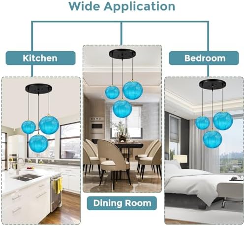 GCQ 3 in 1 Large Glass Pendant Light Fixtures, Blue E26 E27 GlassChandelier Mid Century Modern Chandelier Ribbed Blown Glass Globe Shade Hanging Light Ceiling for Living Room Restaurant Bar