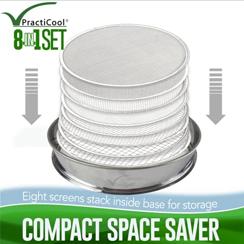 Practicool garden potting mix sieve - stainless steel riddle - soil sifting pan - with 8 interchangeable filter mesh sizes - 2,3,4,6,7,9,11,12 mm and